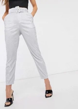 Блестящие серебристые брюки-сигареты с поясом Missguided-Серебристый