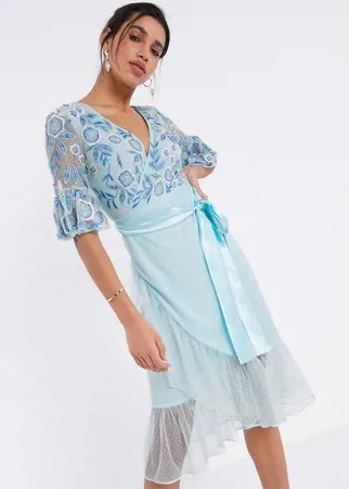 Голубое декорированное платье миди с рукавами клеш Frock & Frill-Синий