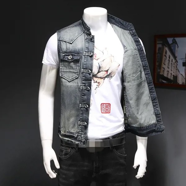 Мужской джинсовый жилет с воротником-стойкой, модная Байкерская облегающая однобортная безрукавка, мужская куртка без рукавов, модель Φ 4XL