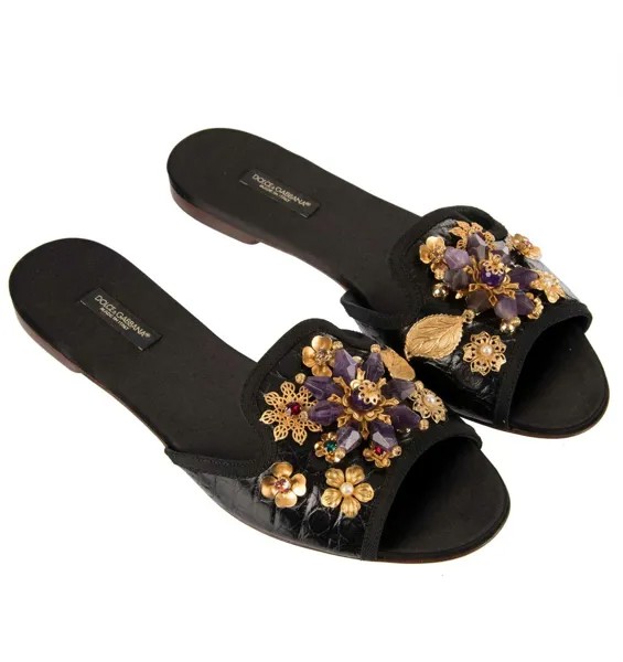 Dolce - Gabbana Босоножки из крокодиловой кожи с кристаллами Bianca и брошью черные 07790