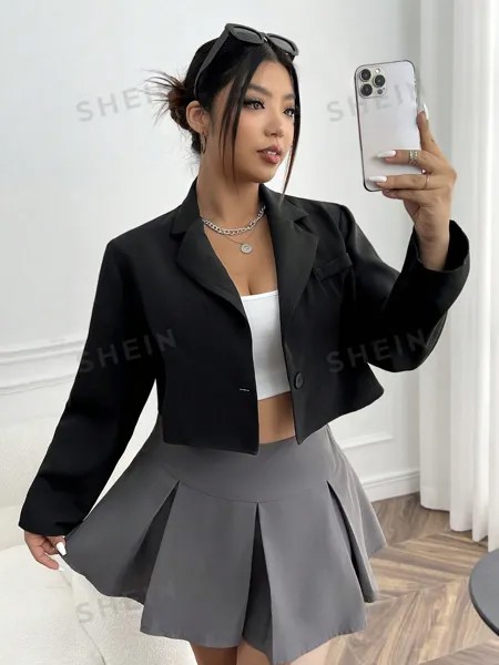 EZwear Plus Укороченный пиджак с воротником Shein, черный