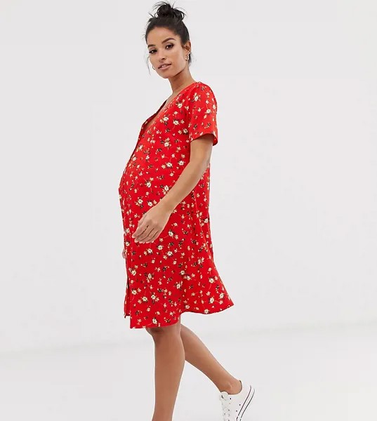 Красное платье на пуговицах с цветочным принтом New Look Maternity-Красный