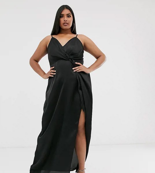 Черное атласное платье макси с разрезом сбоку Missguided Plus-Черный
