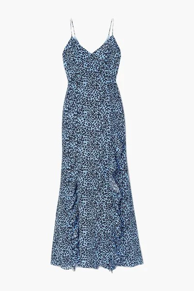 Платье макси из шелкового крепдешина с рюшами и леопардовым принтом LES RÊVERIES, синий