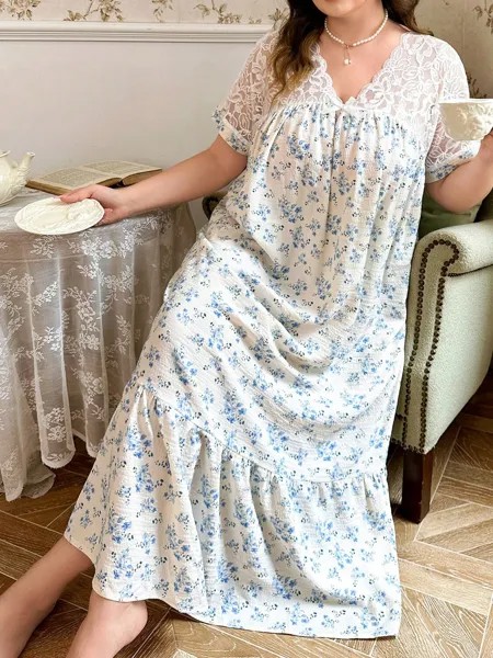 CottageSlumber Пижама с короткими рукавами и рюшами, кружево, цветочный принт Отделяются заплатками специального размера Shein, синий