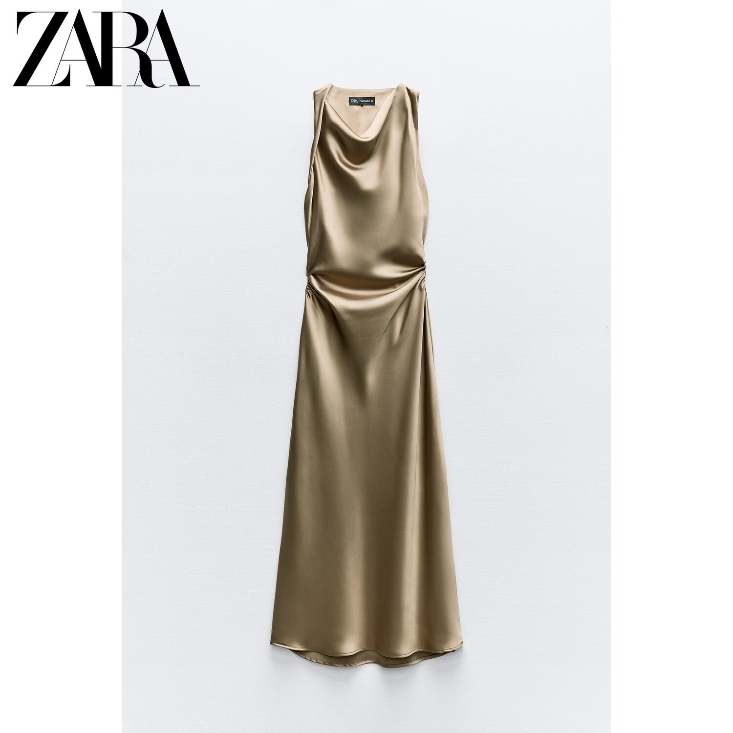 ZARA новое летнее женское платье миди без рукавов с круглым вырезом и фактурой из шелкового атласа 2124305 515, цвет оливково-зеленый