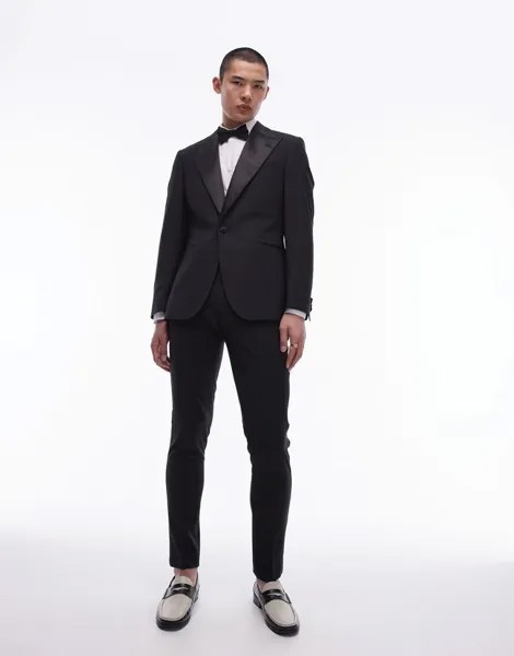 Черные узкие брюки-смокинг из шерсти премиум-класса Topman
