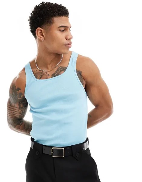 ASOS DESIGN - Приталенная синяя майка в рубчик с квадратным вырезом