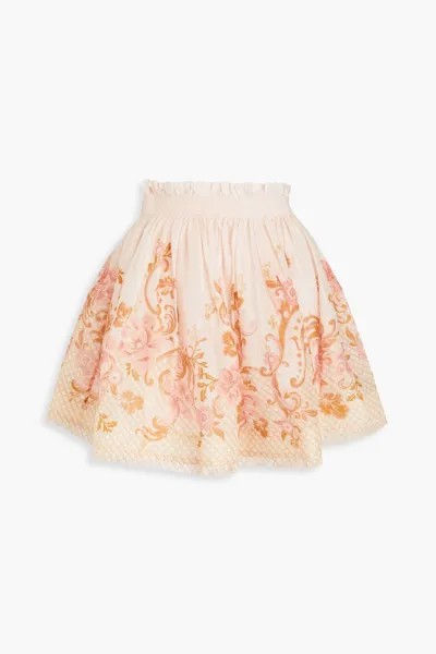 Мини-юбка из шелка и льна с цветочным принтом ZIMMERMANN, розовый