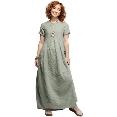 Платье Kayros, лен, прямой силуэт, макси, карманы, размер 50-52, серый