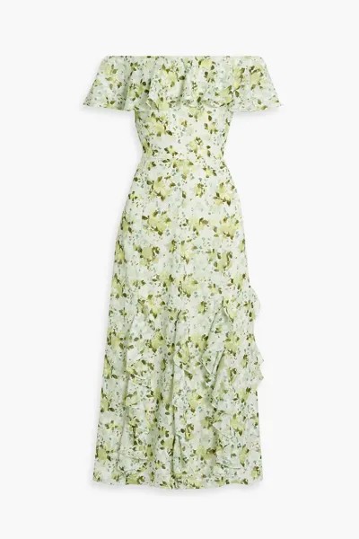 Жаккардовое платье миди fil-купе с открытыми плечами и принтом с оборками MIKAEL AGHAL, зеленый
