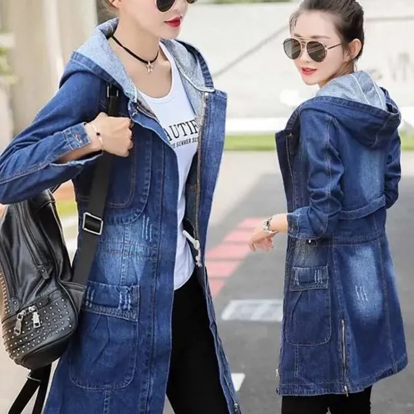 Женская джинсовая куртка средней длины свободный весенний и осенний стиль мода Slim Plus Size Джинсовый тренч Джинсовая куртка Топ