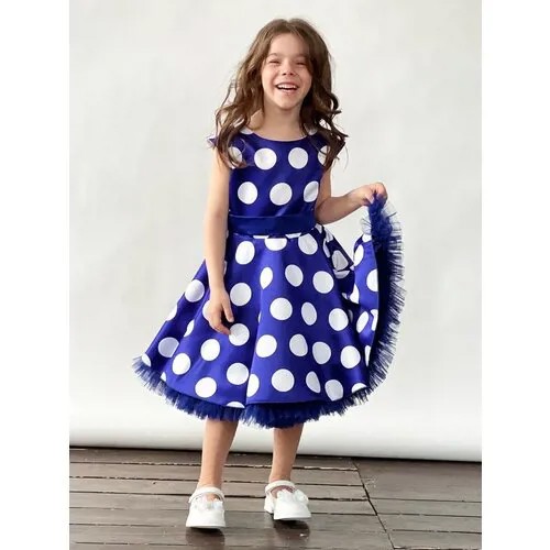Платье для девочки нарядное бушон ST20, стиляги цвет синий, синий пояс, принт горох белый, размер 140