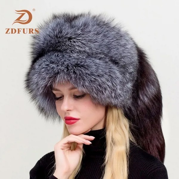 ZDFURS * Женская русская ушанка-Авиатор охотничья шапка-бомбер из лисьего меха шапки из натурального Лисьего меха купольная монгольская шапка