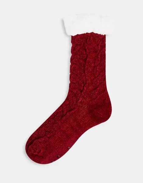 Красно-белые носки из шенили крупной вязки с подкладкой из искусственного меха Loungeable-Красный