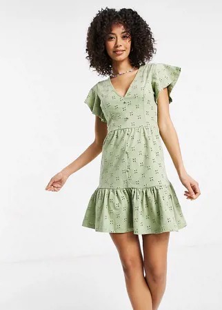 Платье мини темного шалфейно-зеленого цвета с вышивкой ришелье, баской и V-образным вырезом на груди и спине ASOS DESIGN Tall-Зеленый цвет