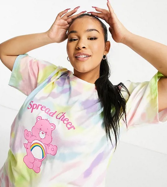 Радужная пижамная футболка с принтом тай-дай и принтом «Заботливых мишек» ASOS DESIGN Curve-Многоцветный