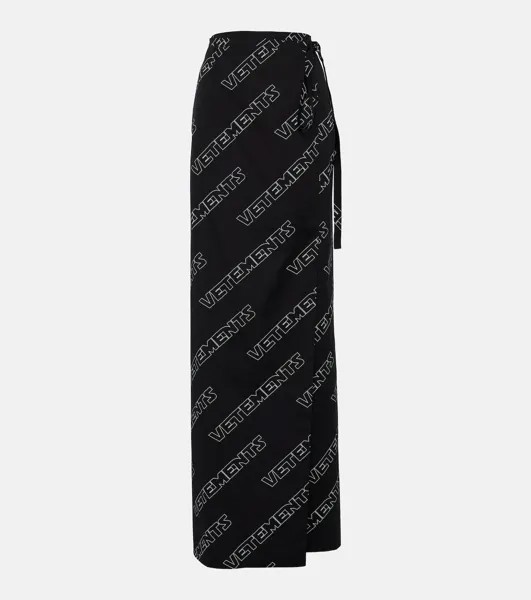 Хлопковая юбка с запахом и логотипом Vetements, черный