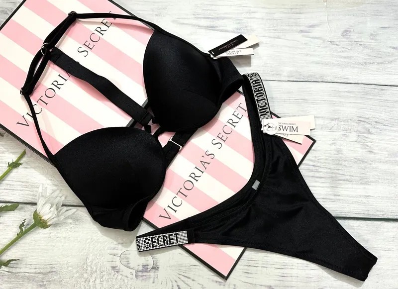 Victorias Secret Shine Strap Fabulous Push Up Top Thong Swim Set Черный