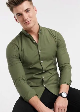 Обтягивающая оксфордская рубашка хаки с длинными рукавами New Look-Зеленый цвет
