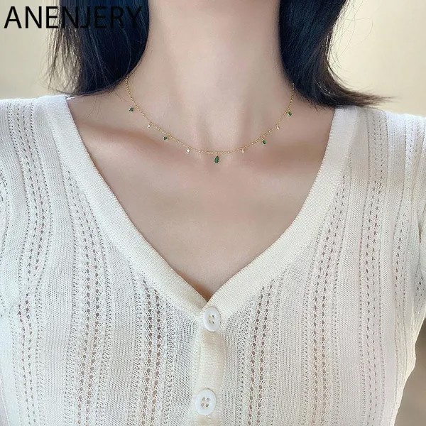 ANENJERY Женская мода Ювелирные изделия Зеленый циркон Ожерелье для женщин Изысканное золото Серебро Ключица Цепочка Ожерелье Подарки S-N742
