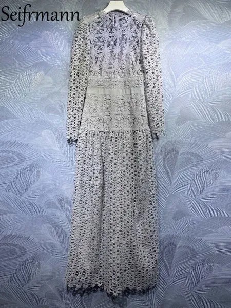 Seifrmann 2022 весеннее женское модное дизайнерское вечернее длинное платье с длинным рукавом кружевные ажурные однотонные женские платья