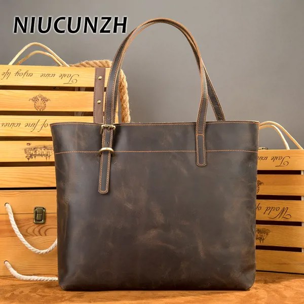 Сумка-тоут NIUCUNZH из кожи Крейзи Хорс для мужчин и женщин, винтажный Модный саквояж на плечо, портфель для ноутбука 15 дюймов