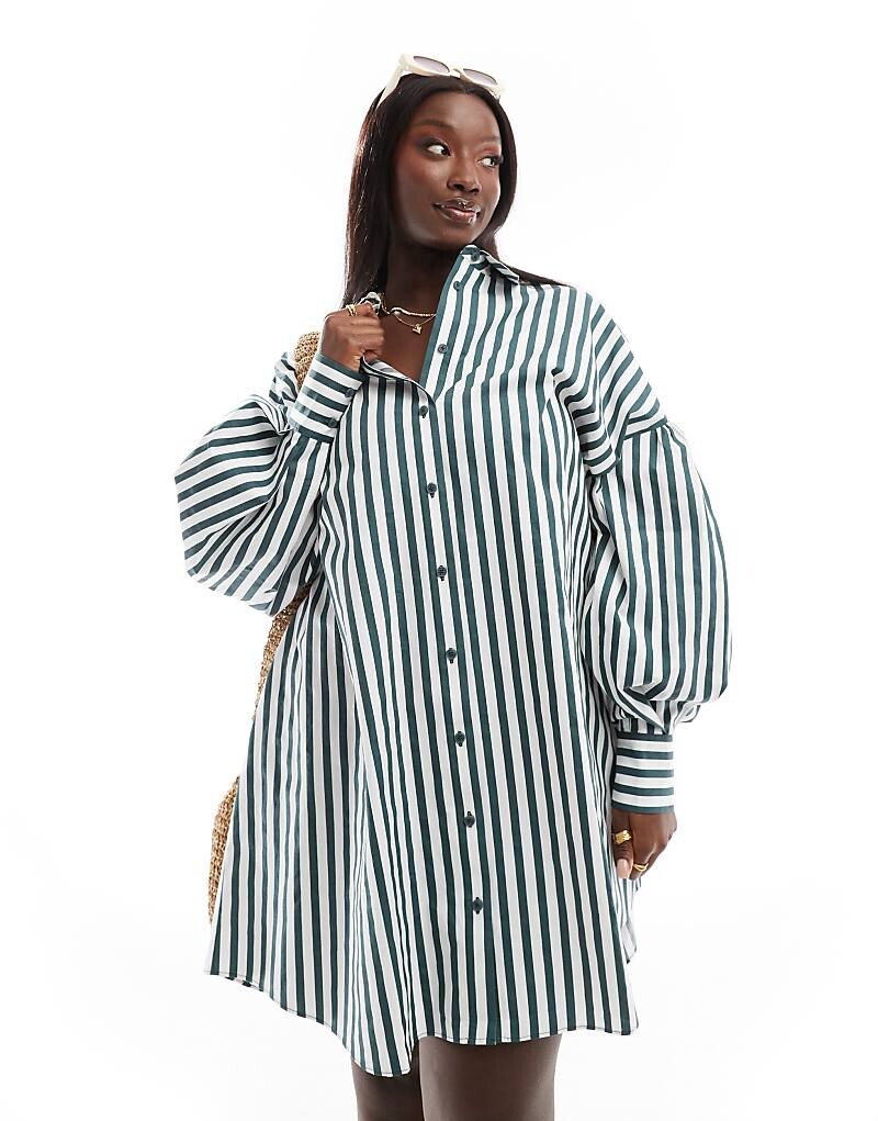 Платье-рубашка мини-бойфренда ASOS DESIGN Curve – в зеленую полоску с объемными рукавами и узкими манжетами