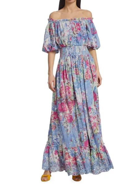 Макси-платье HEMANT & NANDITA с цветочным принтом и люверсами с открытыми плечами, голубой