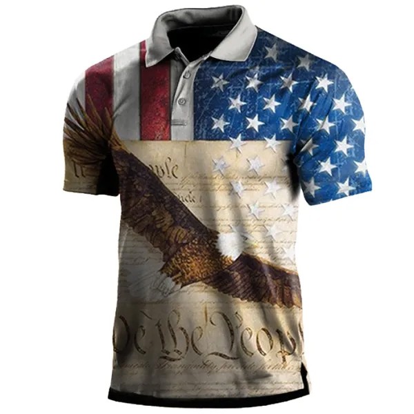Мужская футболка с воротником поло с принтом американского флага и орла на открытом воздухе