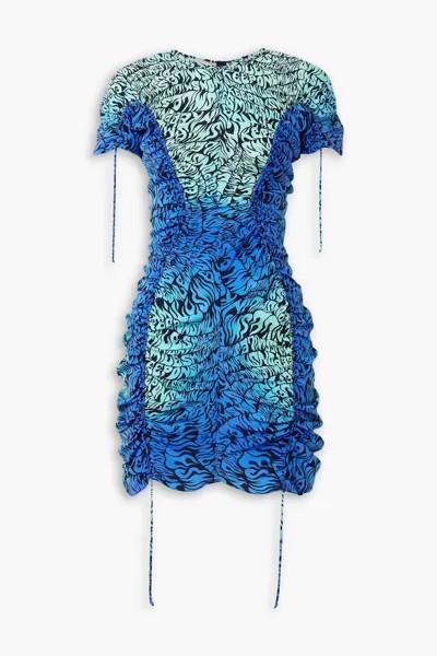 Мини-платье из шелкового крепдешина со сборками и принтом Stella Mccartney, королевский синий