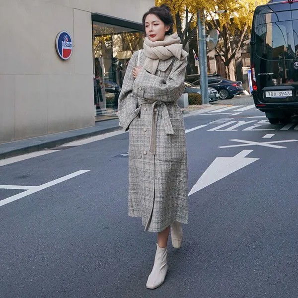 Женское зимнее шерстяное пальто, двубортное корейское свободное прямое длинное пальто в клетку, дамский плащ