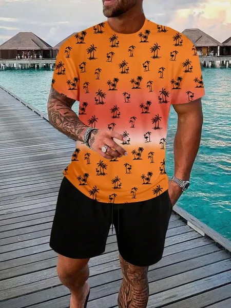 Мужская футболка Manfinity Chillmode с принтом кокосовой пальмы и однотонные шорты, многоцветный