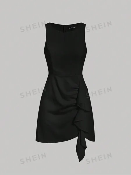 SHEIN MOD однотонное платье-жилет без рукавов с бретелькой на шее и рюшами, черный