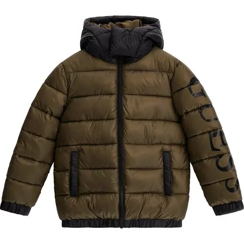 Куртка GUESS, демисезон/зима, укороченная, карманы, капюшон, манжеты, подкладка, размер 10, зеленый