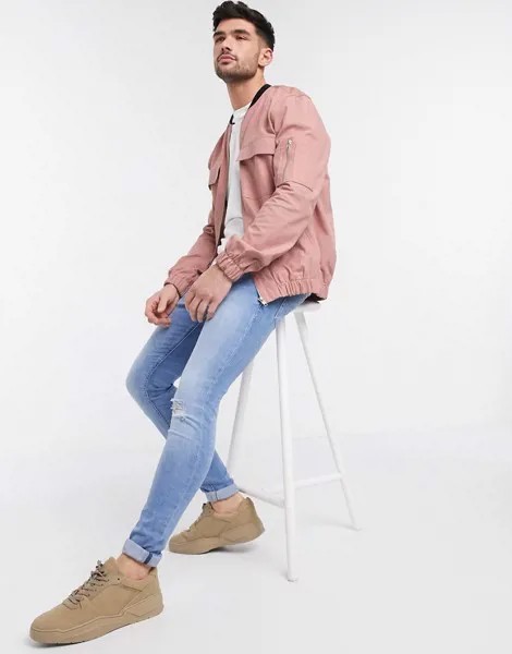 Розовый бомбер из рипстопа с карманами River Island