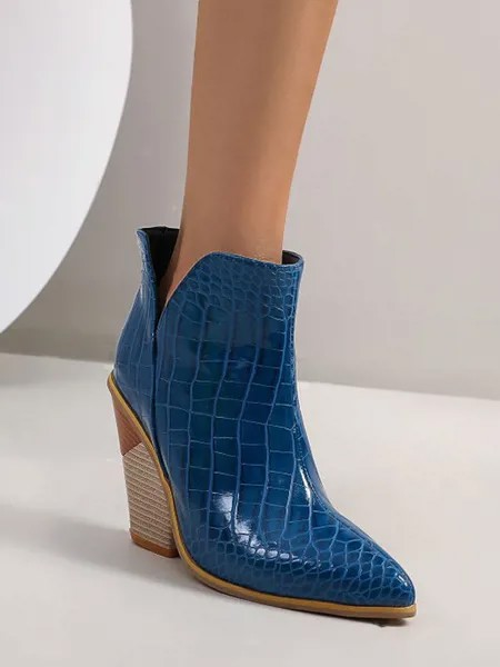 Milanoo Women Ankle Boots Blue Leather Pointed Toe Chunky Heel Snakeskin Print Booties