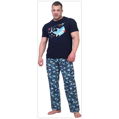 Мужская пижама футболка и брюки Рыбка моя Синий размер 56 Кулирка Оптима трикотаж футболка с коротким рукавом брюки с карманами