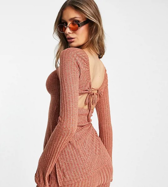 Рыжий лонгслив от комплекта в рубчик с завязкой на спине ASOS DESIGN-Серый