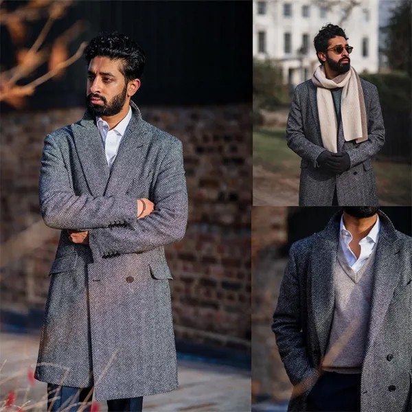 Серое Мужское пальто в елочку, плотное теплое двубортное длинное пальто, Повседневная официальная деловая мужская куртка на заказ
