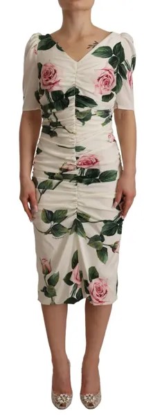 DOLCE - GABBANA Платье с принтом «Белые розы» из эластичного шелка и плиссе IT38 / US4/ S $2300