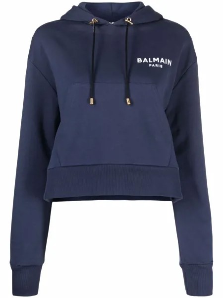 Balmain flocked logo-print cropped hoodie