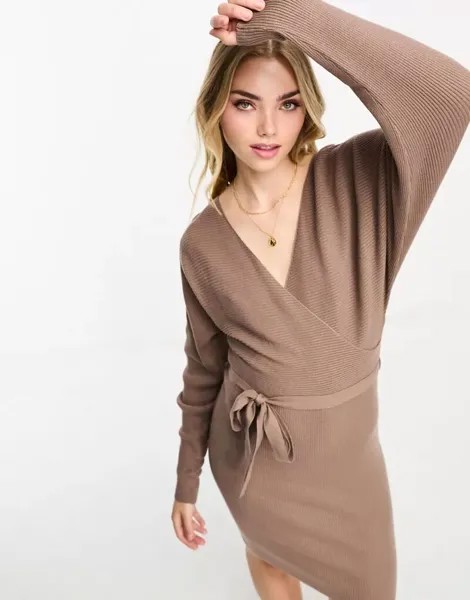 Коричневое трикотажное платье мини с длинными рукавами и поясом Vero Moda