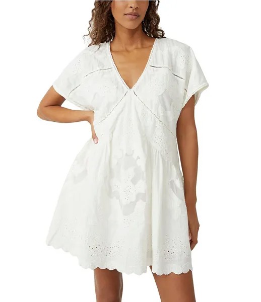 Мини-платье с короткими рукавами и вышивкой Free People Serenity с V-образным вырезом, слоновая кость