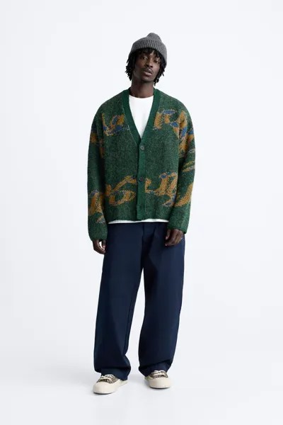 Абстрактный жаккардовый кардиган ZARA, зеленый