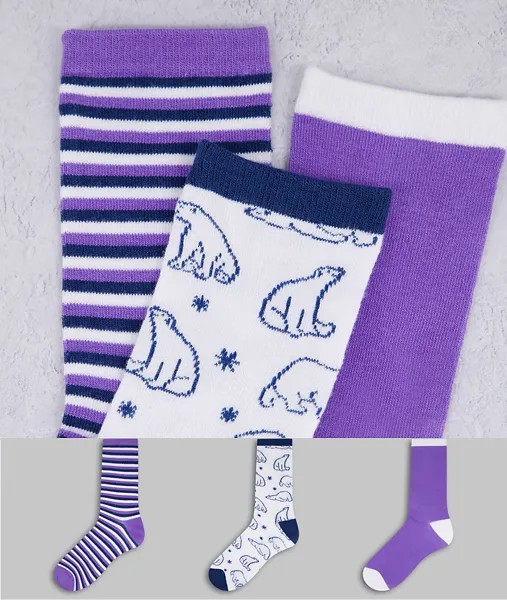 Набор из 3 пар носков с разным дизайном в фиолетовых оттенках и с белым медведем Chelsea Peers-Разноцветный