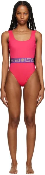 Розовый слитный купальник в тропическом стиле Greca Versace Underwear