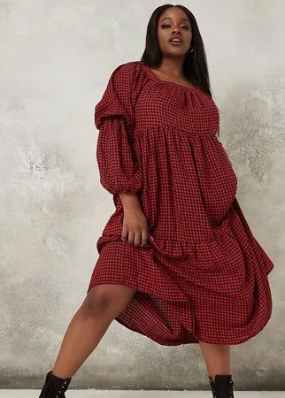 Красное платье макси с присборенной юбкой и принтом «гусиная лапка» Missguided Plus-Красный