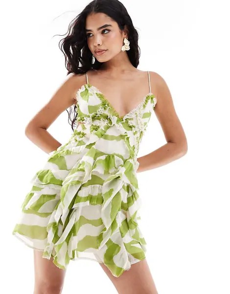 ASOS DESIGN – зеленое платье с рюшами в полоску под зебру