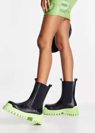 Кожаные массивные ботинки челси черного и лаймового цвета Topshop Ace-Зеленый цвет
